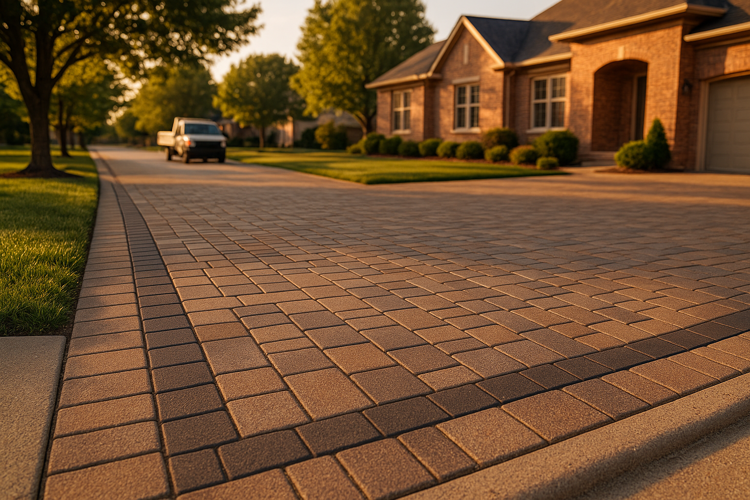 Golden-hour premium paver driveway with patterned units and contrasting border, curb-to-house view in a Carmel residential street.