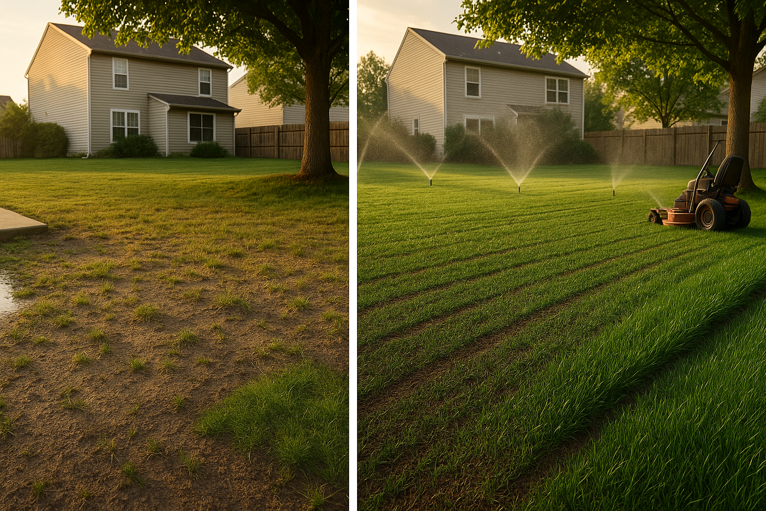 Before-and-after backyard panorama: patchy clay lawn to dense tall fescue turf, aeration plugs, slit grooves, compost, sprinkler mist, golden hour.