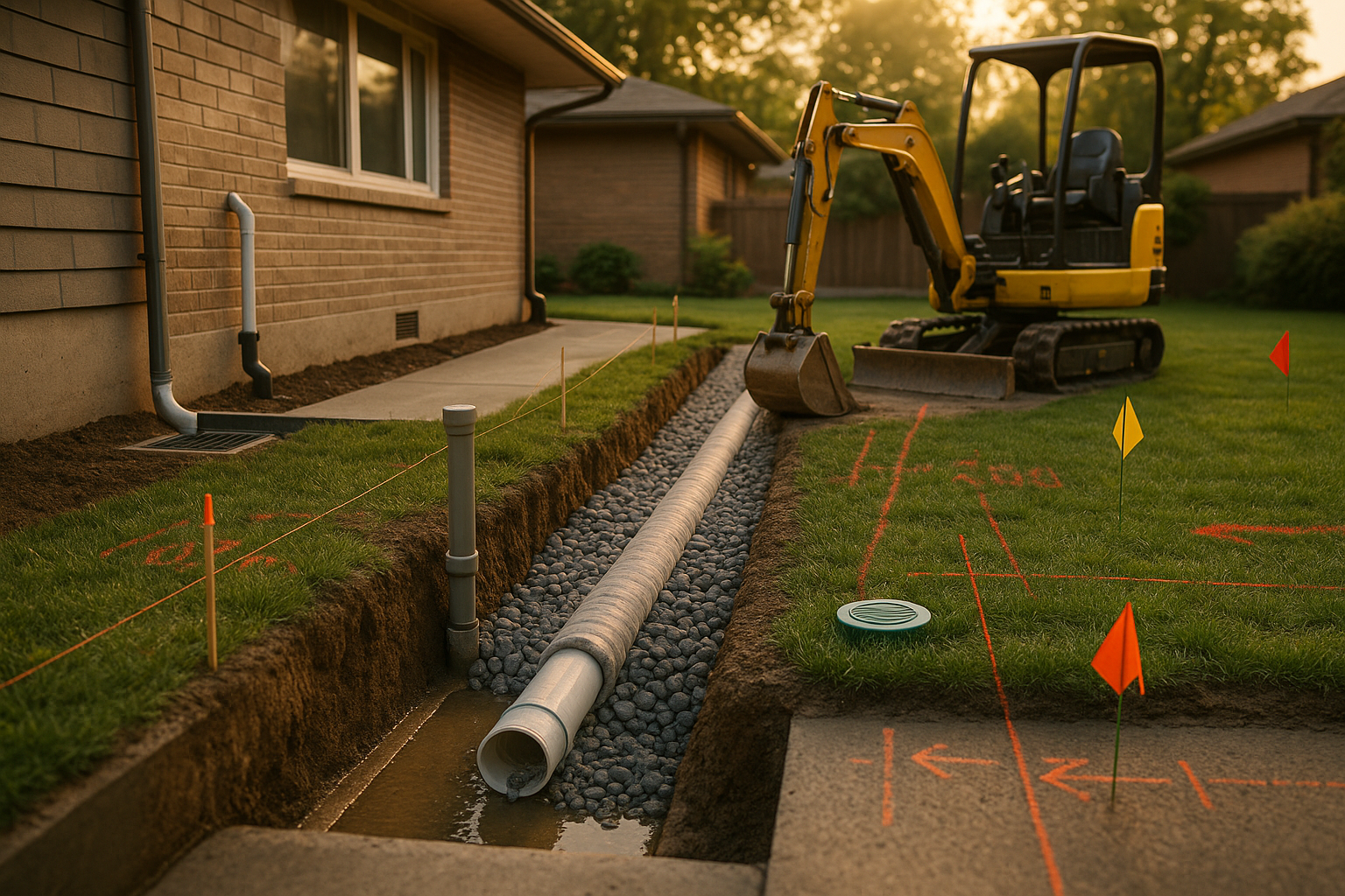 Backyard trench with perforated PVC wrapped in geotextile and #57 stone, pop-up emitter, mini-excavator, utility flags, golden hour.
