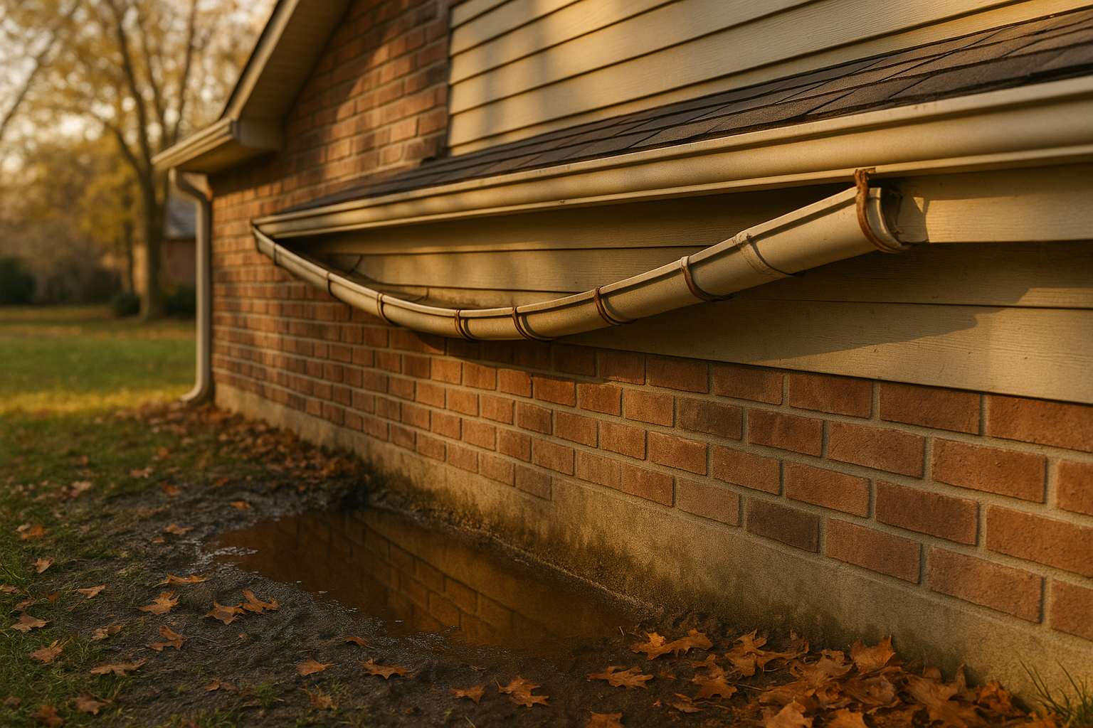 Golden-hour exterior with sagging gutter, rusted hangers, pooled foundation water and soggy soil in suburban Carmel setting.