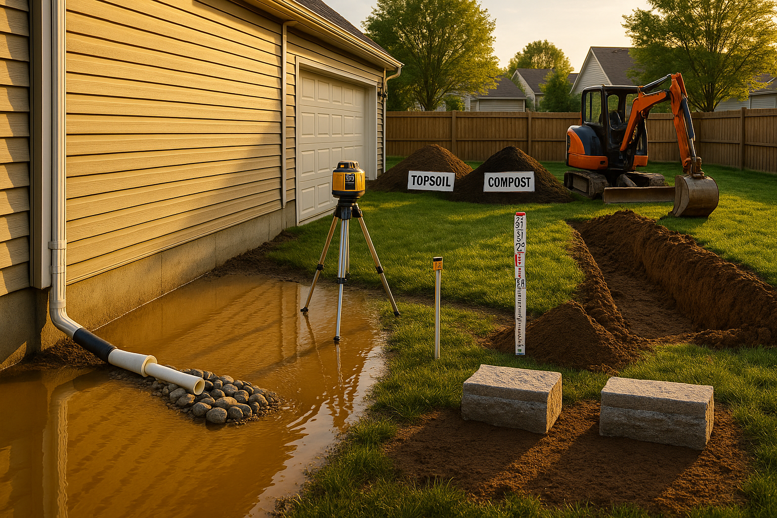 Suburban backyard with standing water at foundation, buried smooth-wall PVC to rock outlet, laser level and excavator present, warm light.