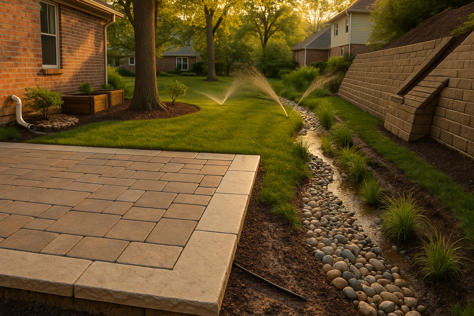 Mid-wide backyard with paver patio, crushed-stone base cutaway, lawn sprinklers, dry creek and rain garden at golden hour.