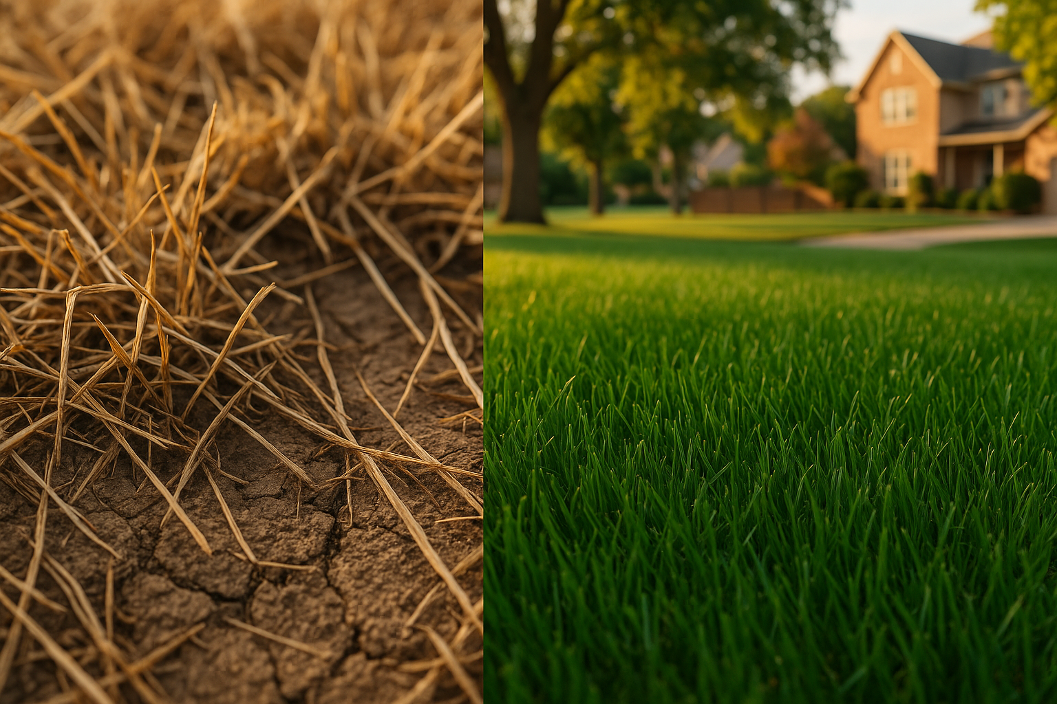 Split-frame Indiana yard: left close-up brown crunchy tall fescue, right lush dark-green dense fescue, golden-hour, clay-loam.