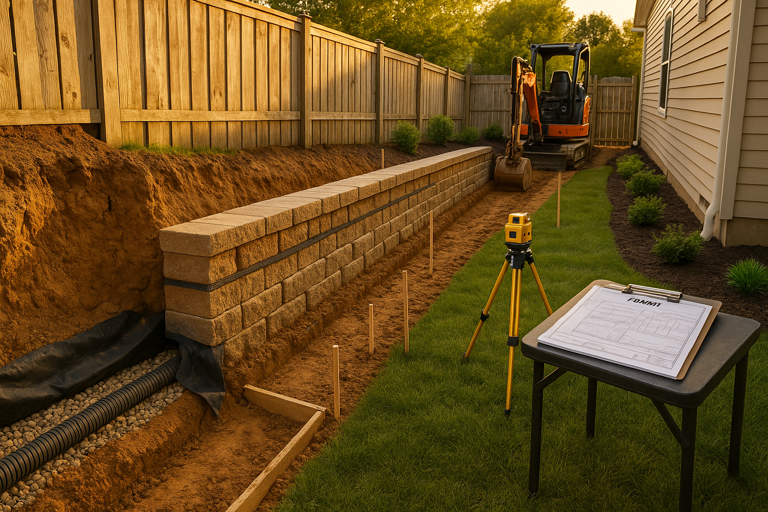 Mid-height earth-tone segmental retaining wall with geogrid and drainage exposed, golden hour, Fishers suburban clay yard.