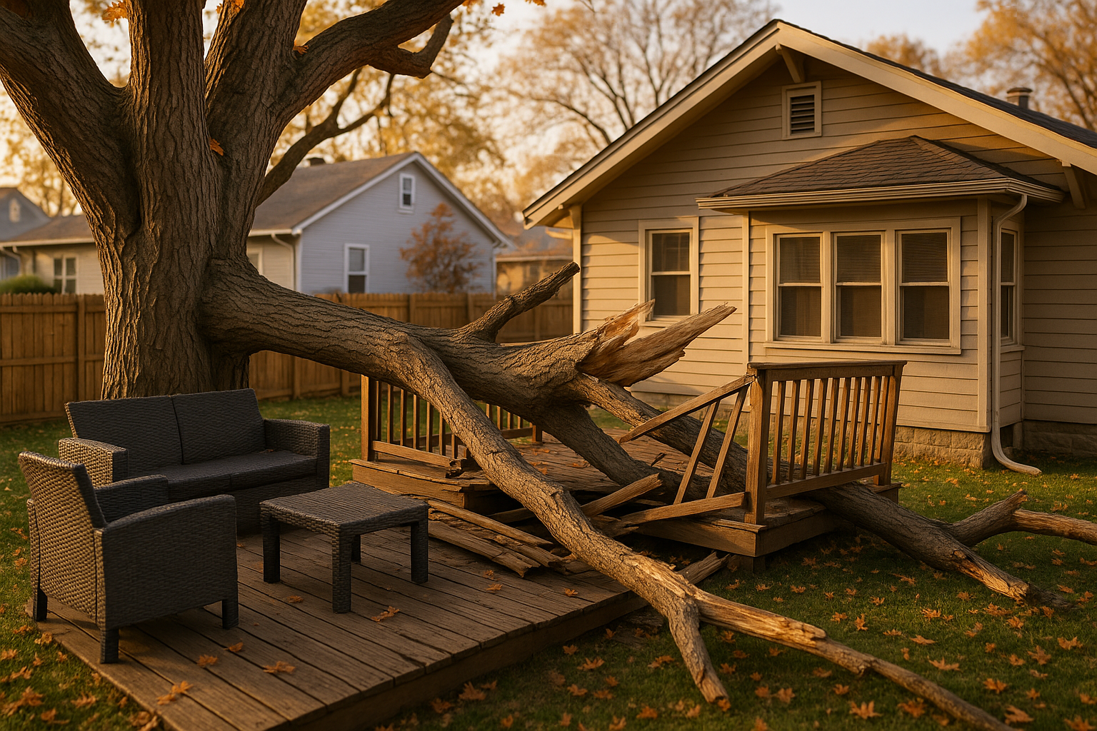 Warm golden-hour backyard: silver maple limb split across wooden deck, cracked boards, bungalow siding, lawn and fence.