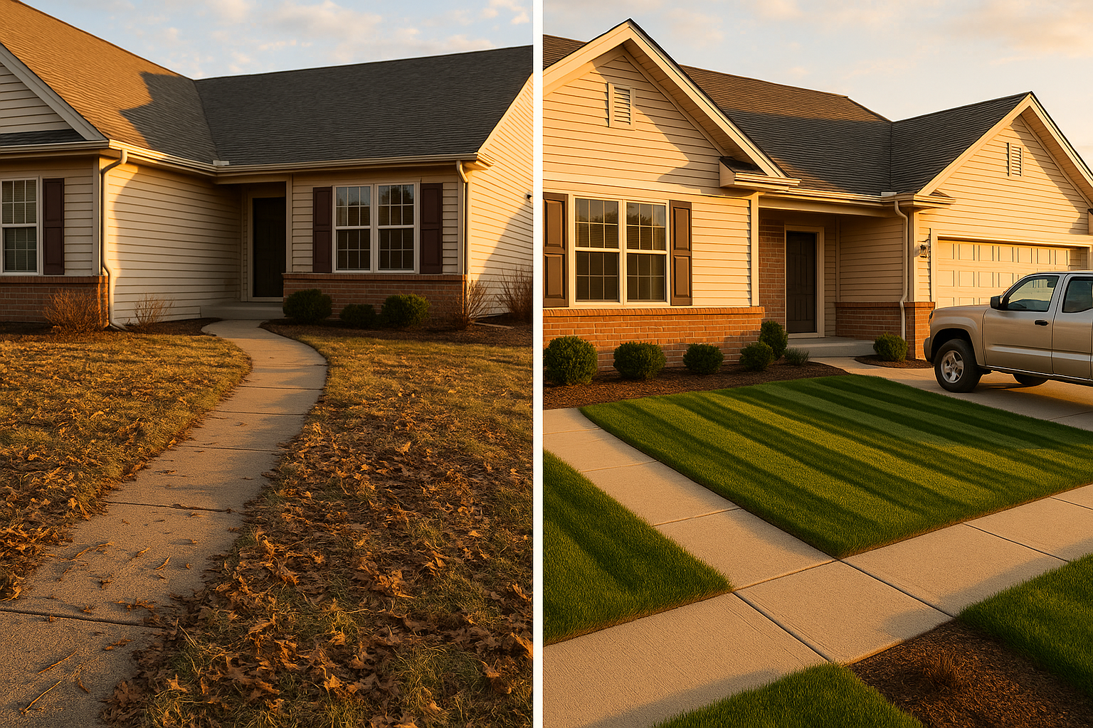 Diptych of same Midwestern yard: spring debris vs maintained mower-striped lawn at golden hour, concrete walkway, mulched beds.