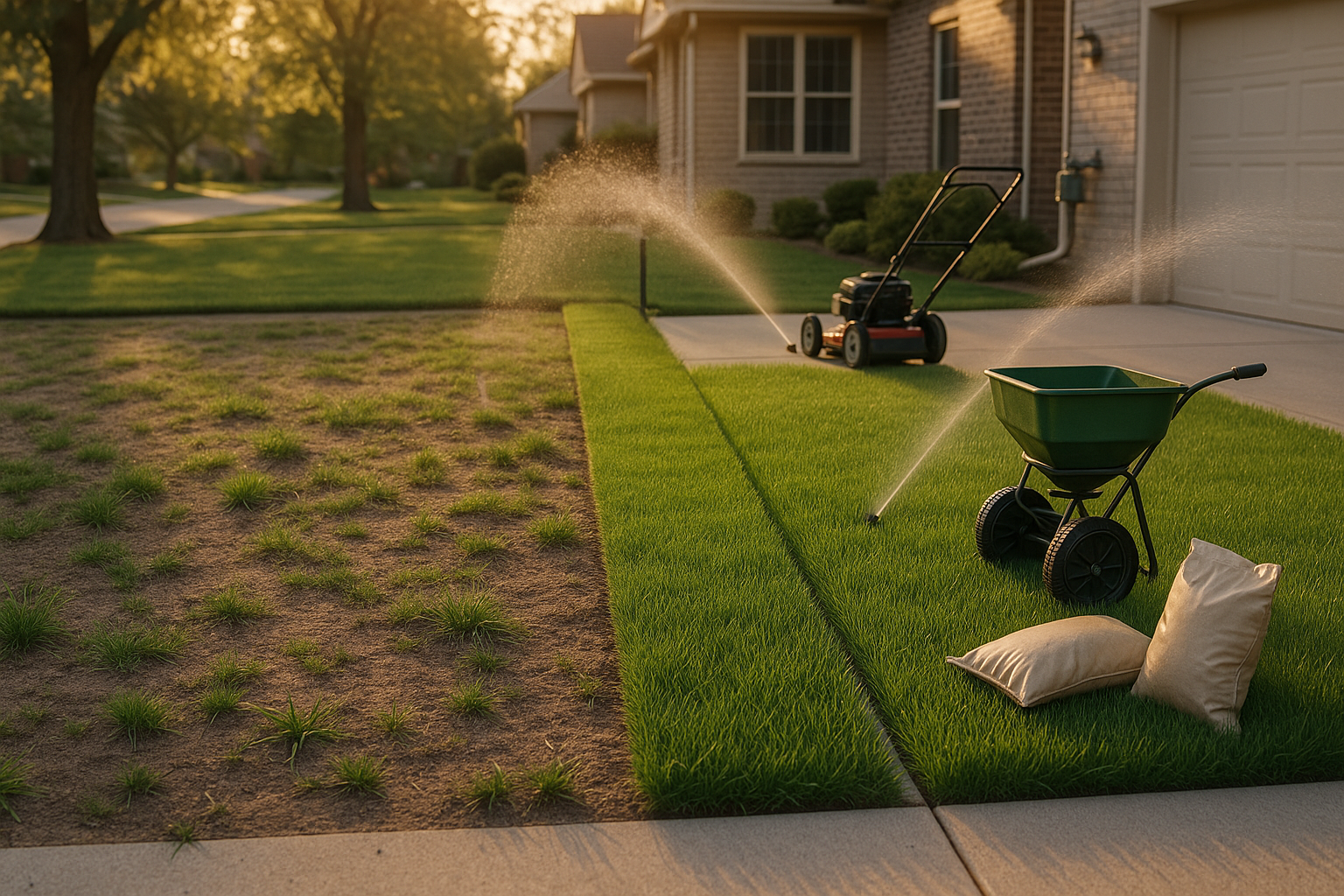 Split suburban lawn: left crabgrass/mud, right dense cool-season turf, edged driveway, mower and spreader, golden hour in Indianapolis.