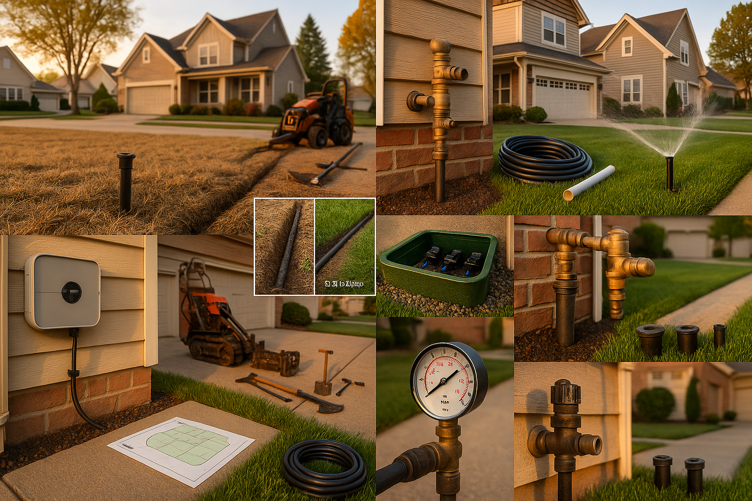 Split suburban yard: brown patch with spray head at left, lush lawn with MP rotator at right, poly vs PVC coil in foreground, golden-hour light.