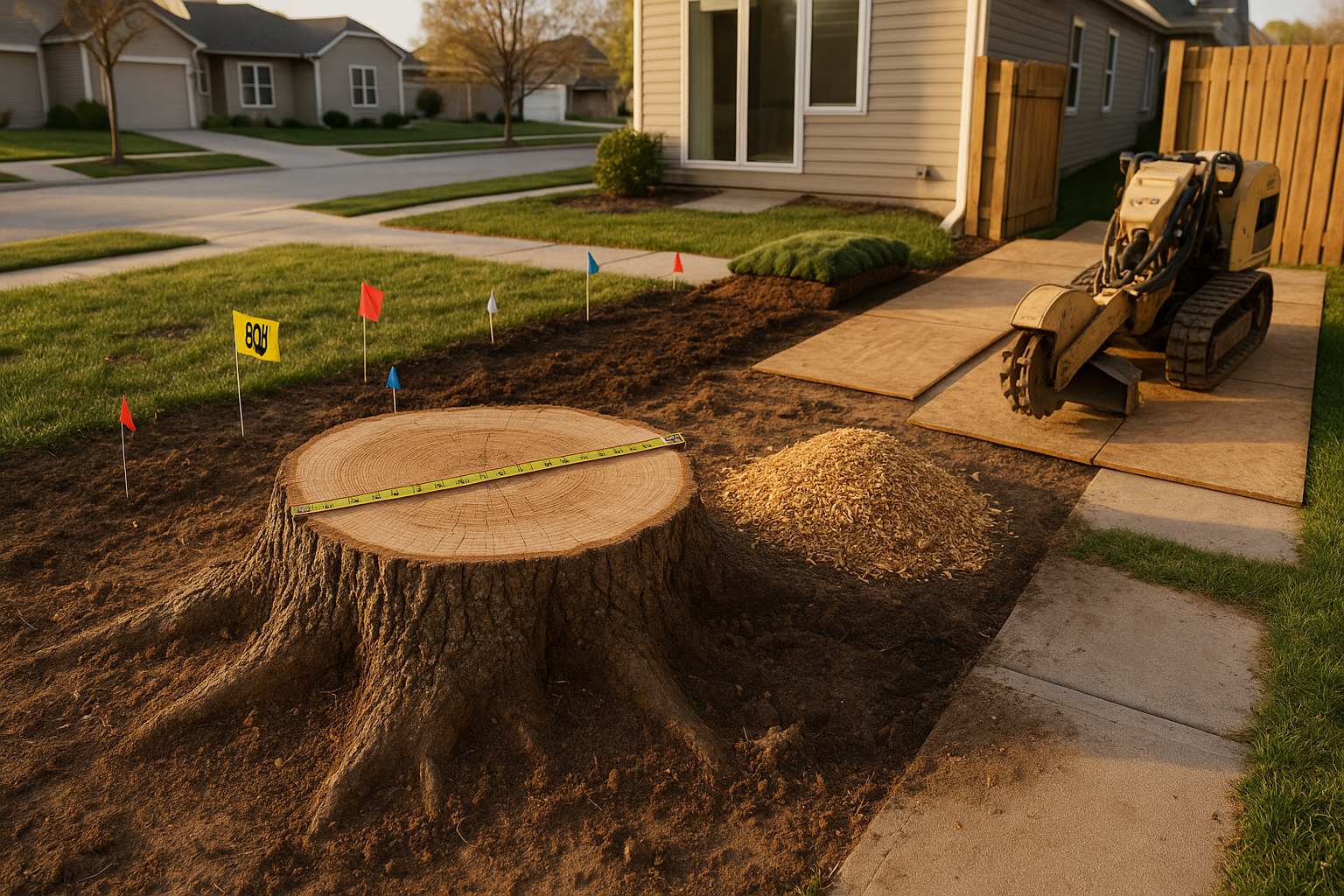 Golden-hour suburban yard with 30-inch stump, measuring tape, utility flags, tracked grinder outside a 36-inch gate, wood chips and plywood.