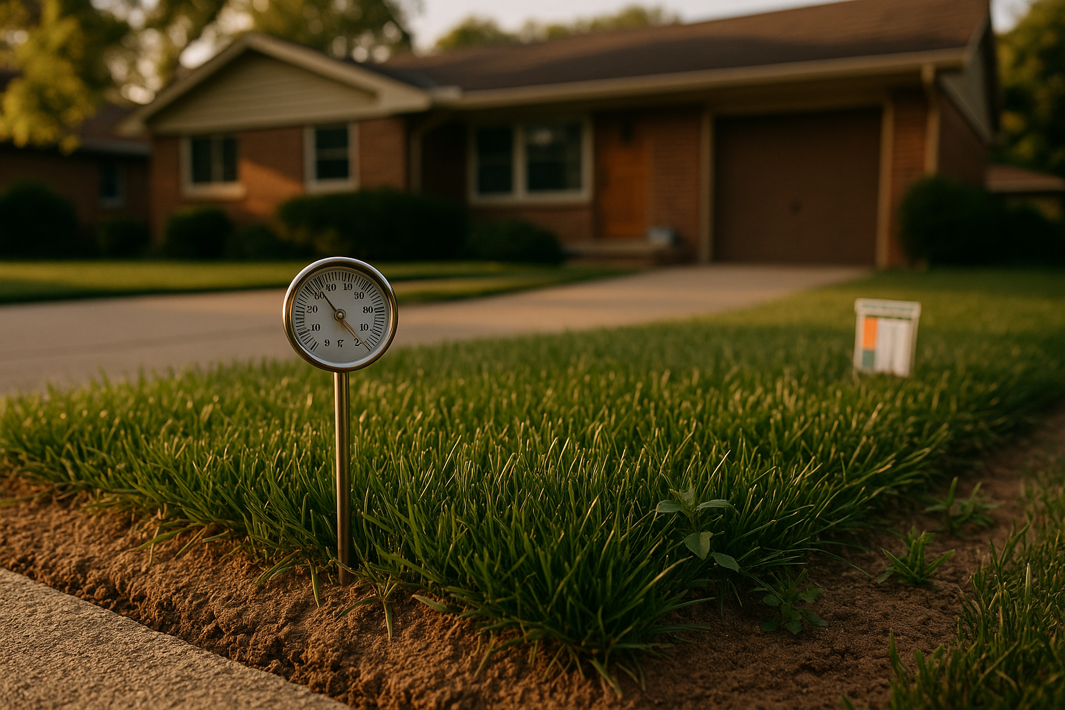 Suburban Indianapolis front lawn, fescue/bluegrass turf, crabgrass patches, clay soil, golden-hour light, soil thermometer ~50–55°F visible.