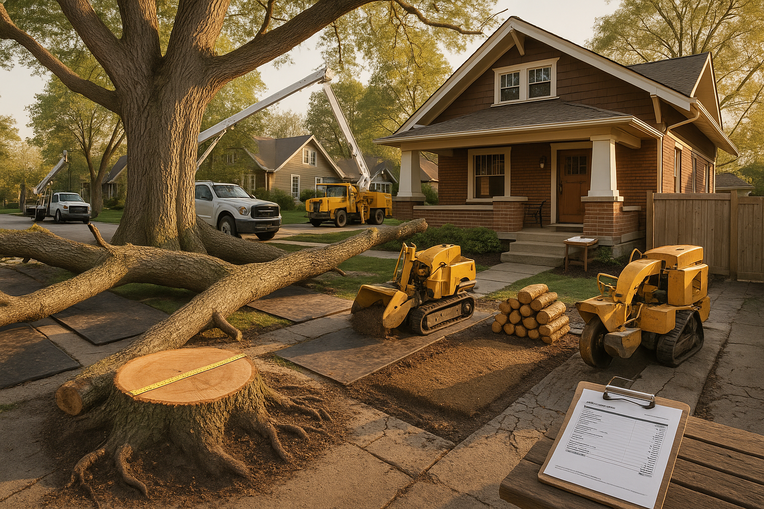 1920s Meridian-Kessler bungalow, giant silver maple, fallen limb near parked truck, crane and staged equipment, warm golden hour.