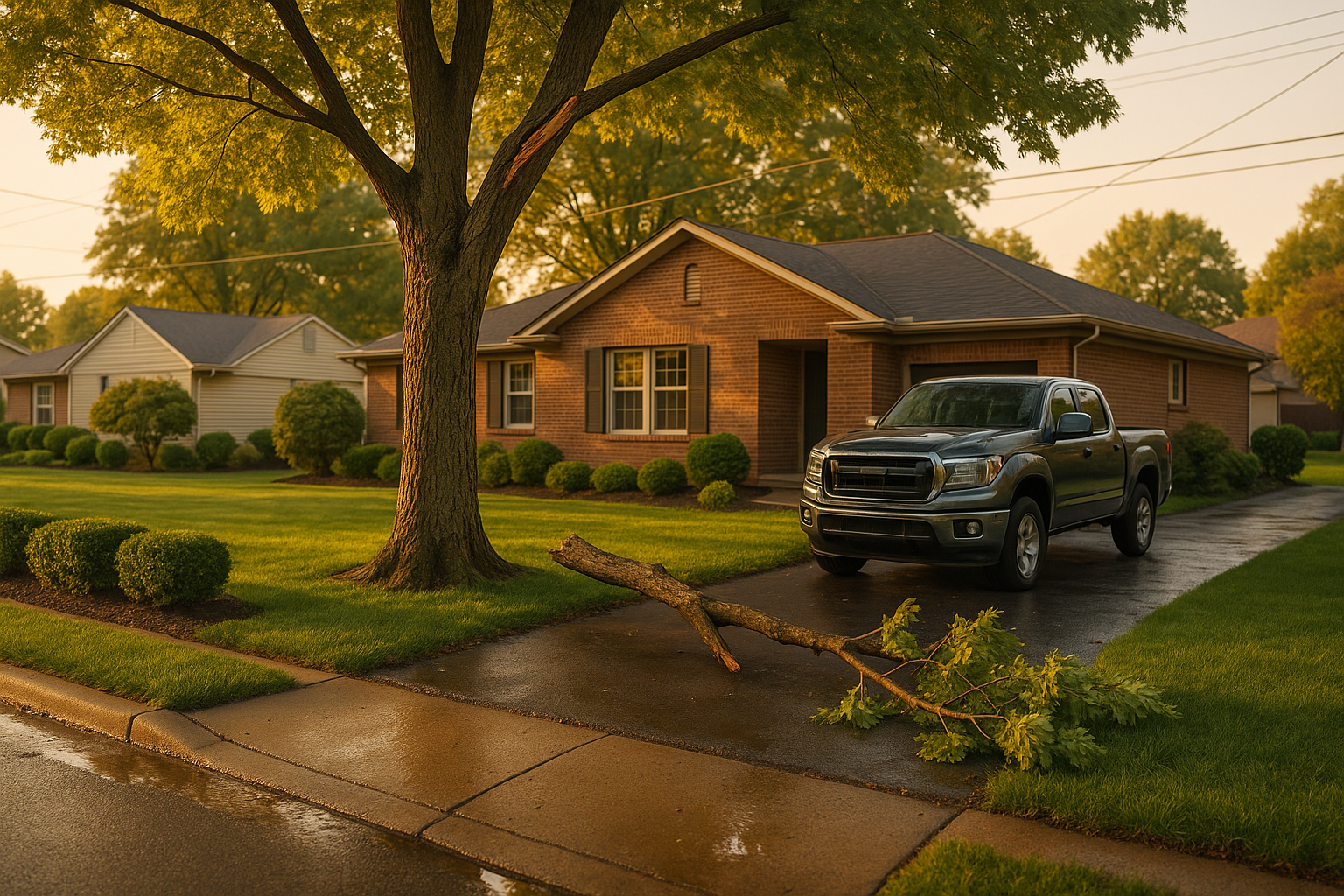Golden-hour Indianapolis front yard with mature maple showing a cracked limb, trimmed hedges, parked truck, and fallen limb near the driveway.