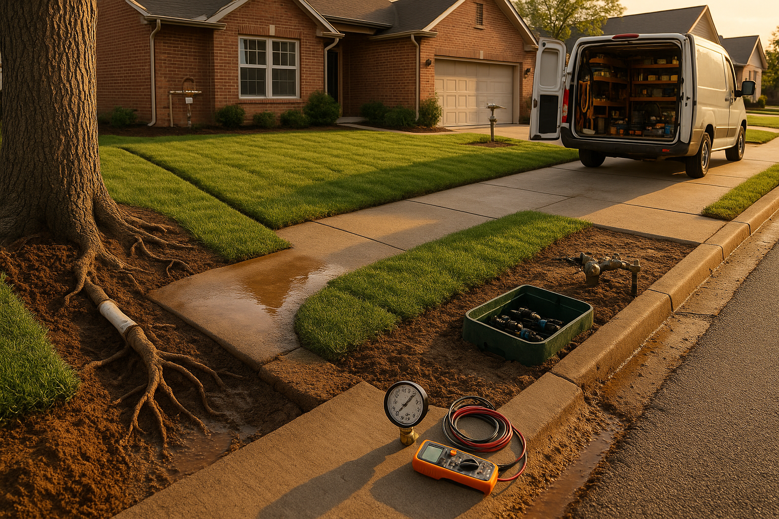 Golden-hour Indianapolis front yard with pooling water on concrete walk, open valve box, service van, clay-loam turf and exposed roots.