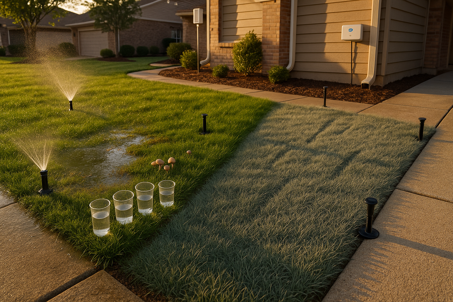 Golden-hour Indianapolis front yard split: soggy mushroomed turf vs bluish drought grass, sprinklers, catch cups, garage-mounted controller.